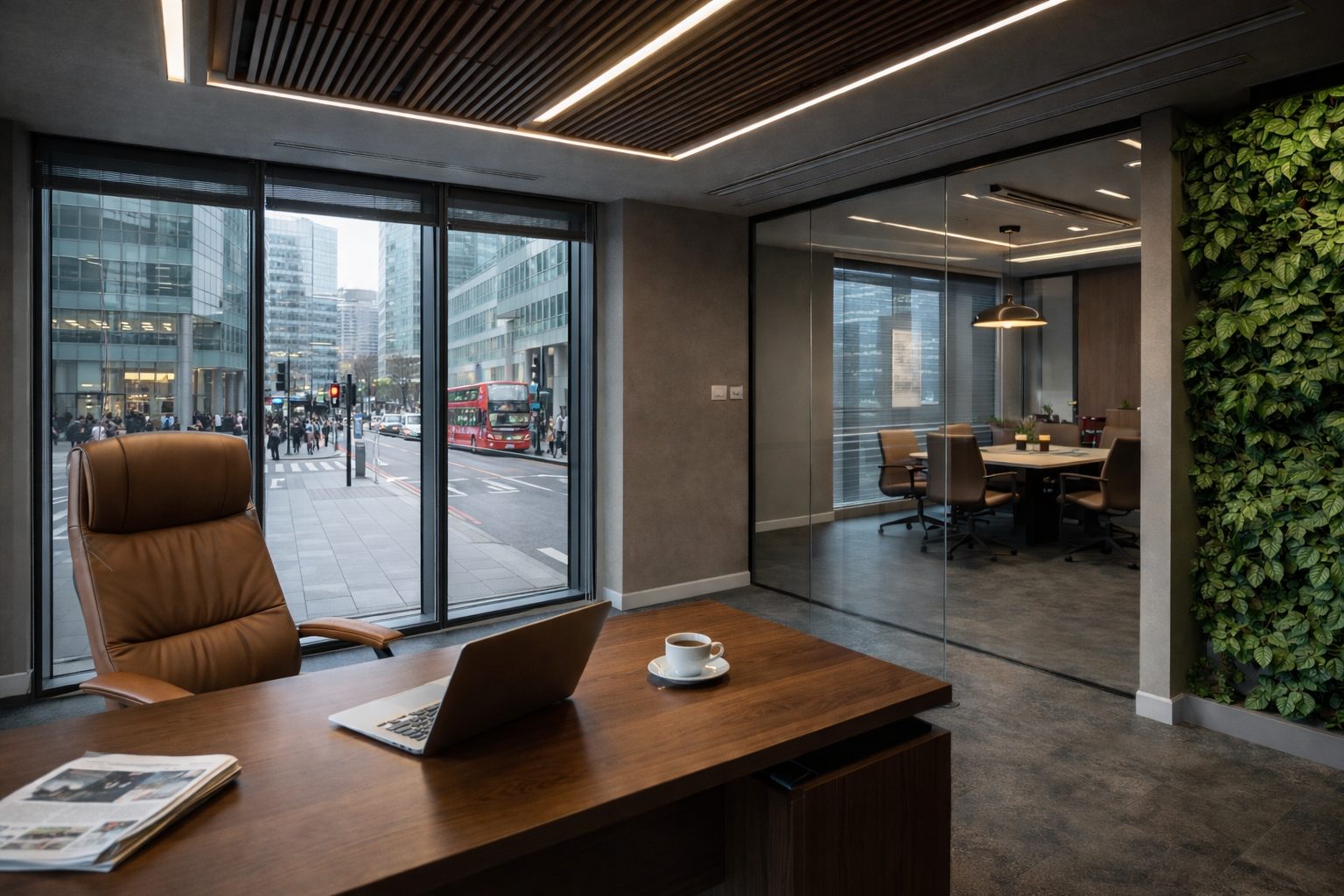 Executive hi-end interior finish for modular office - bespoke joinery, engineered oak flooring, feature lighting, premium furniture and acoustic ceiling panels