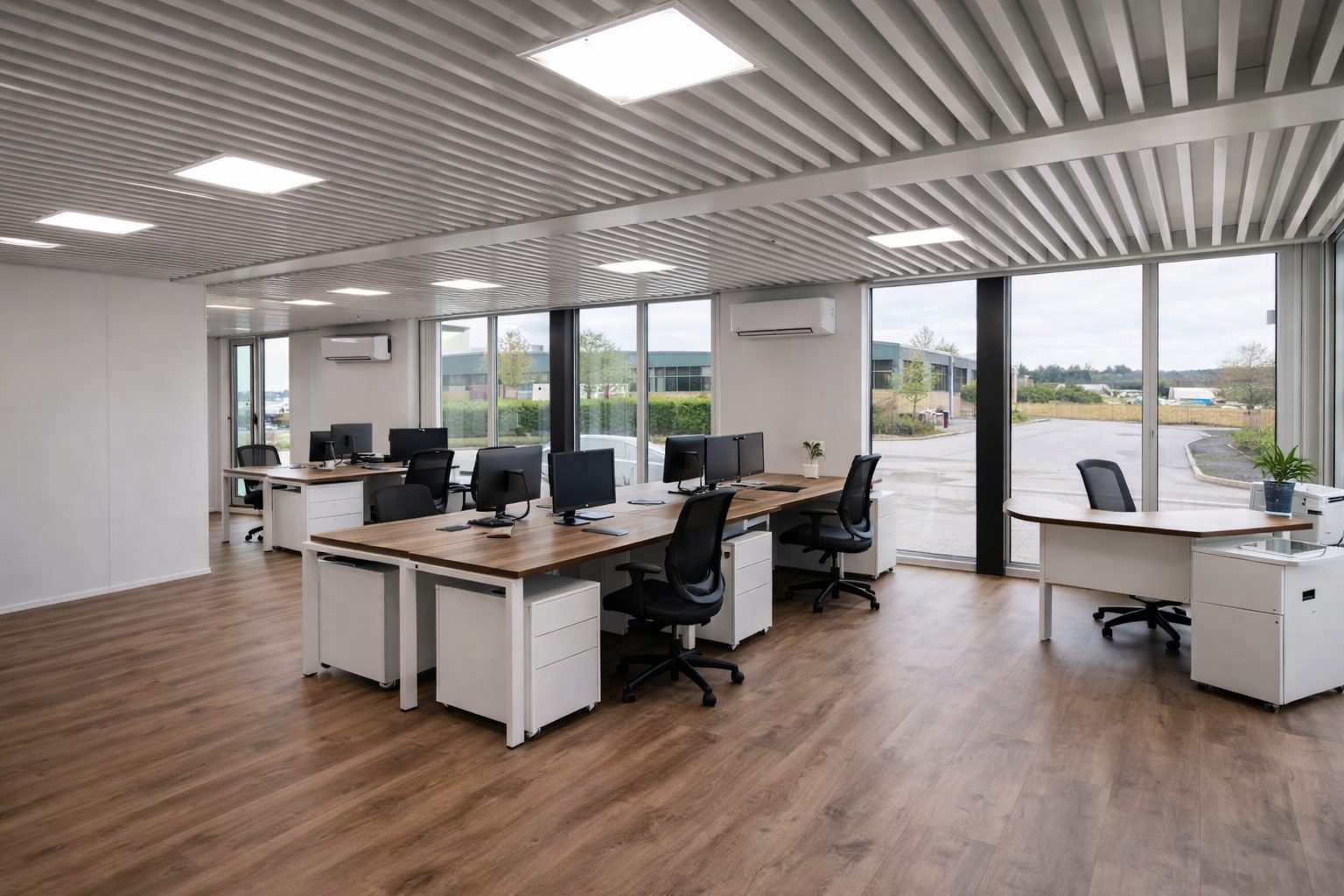 Interior of a custom modular office building with modern fit-out and LED lighting