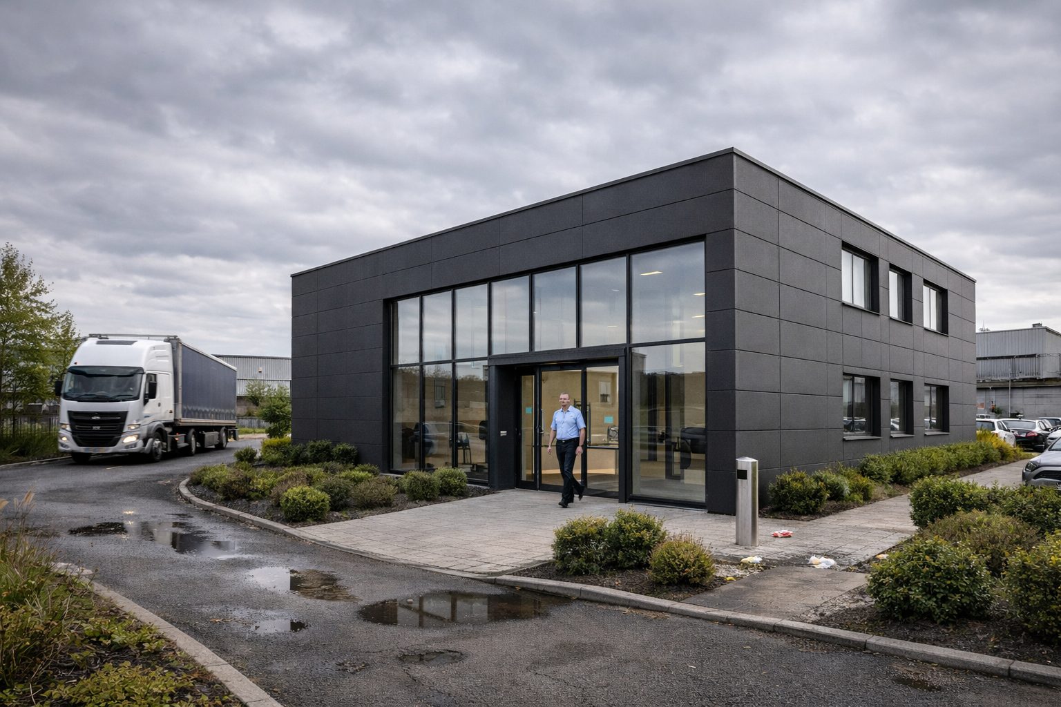 ISO frame permanent modular office with composite panel facade — corporate headquarters Bristol