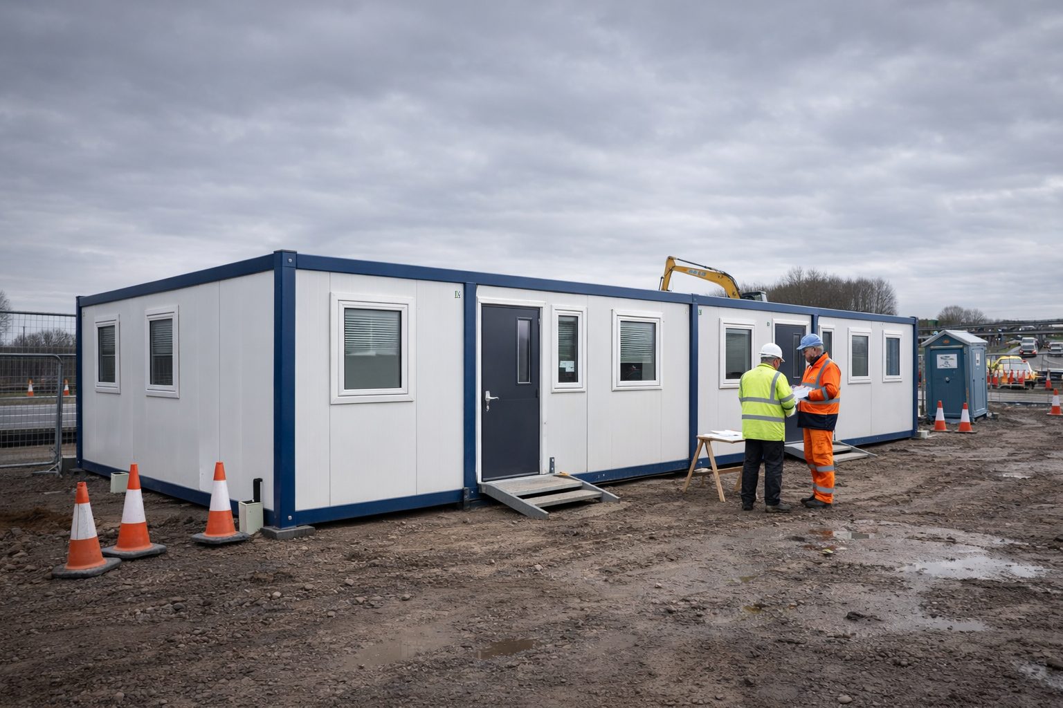 ISO frame temporary modular office on highway construction site — Nottingham, steel cladding finish