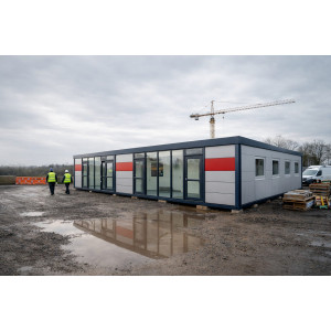 Three linked ISO frame temporary modular office cabins on construction site in Manchester, UK, with workers and tower crane in background