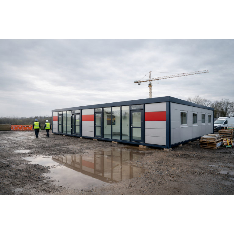 Three linked ISO frame temporary modular office cabins on construction site in Manchester, UK, with workers and tower crane in background