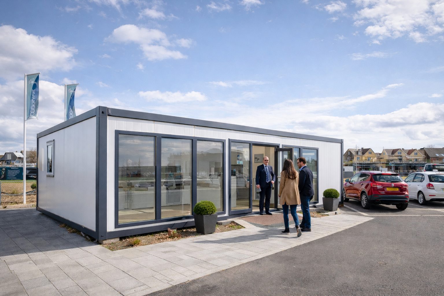 ISO frame temporary sales office installed in Milton Keynes — modular office building by KC Modular Buildings UK