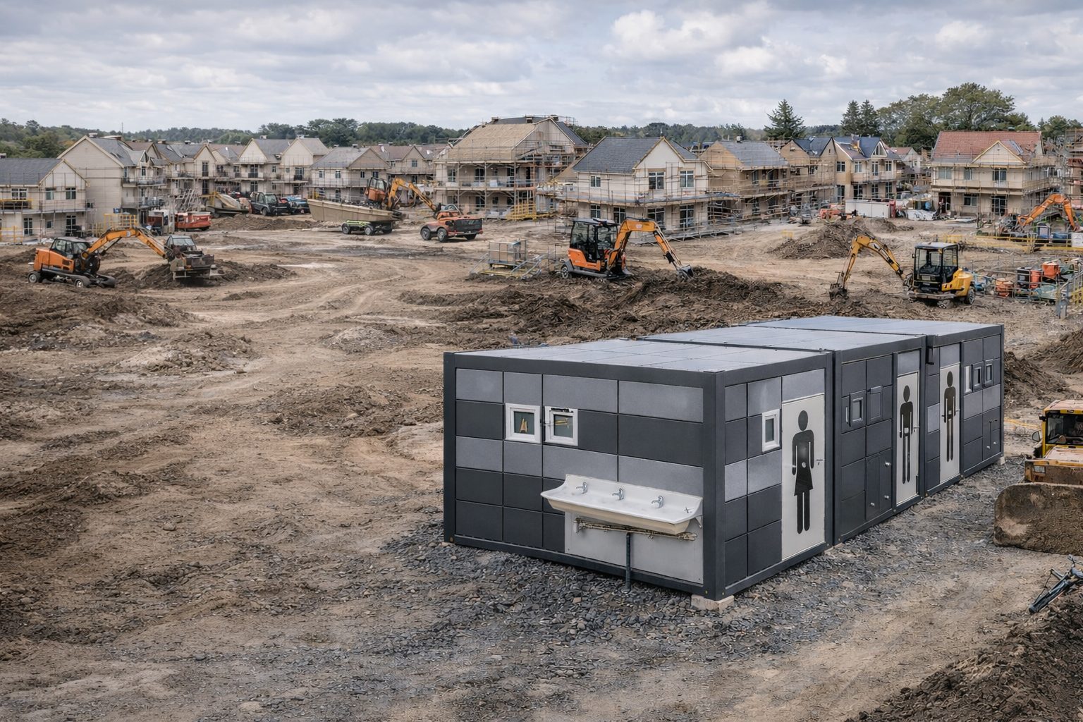 ISO frame welfare unit on UK construction site with canteen and toilet facilities