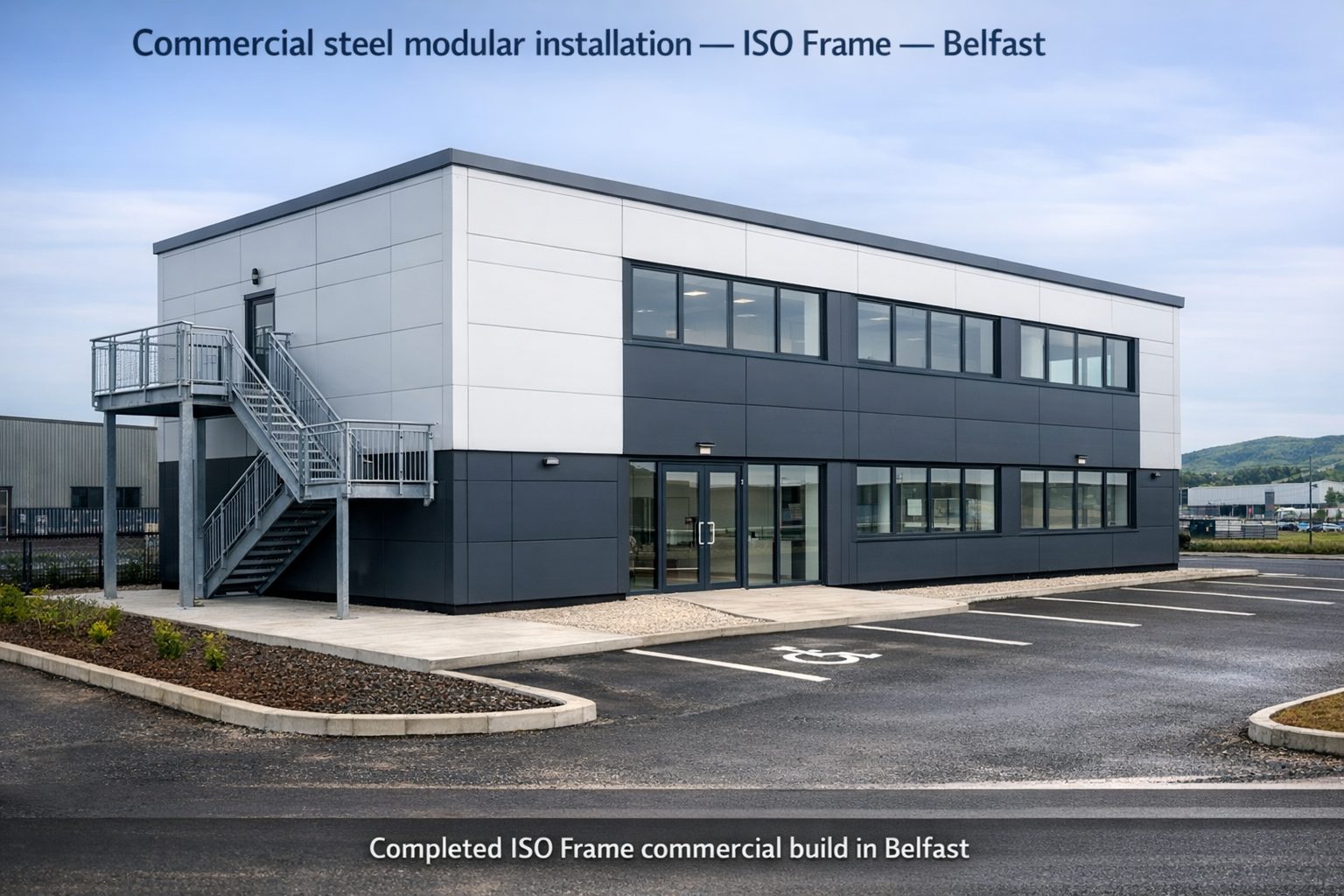 ISO Frame modular commercial building financed and installed in Belfast, Northern Ireland — KC Modular Buildings