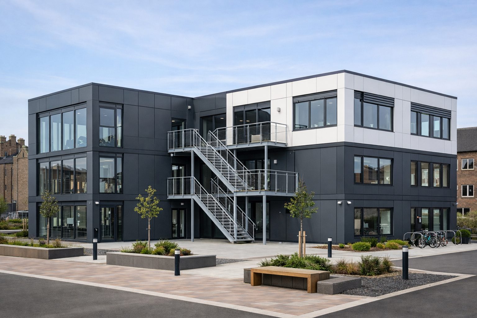 Commercial modular office scheme in Dundee, Scotland showing ISO Frame modular building context