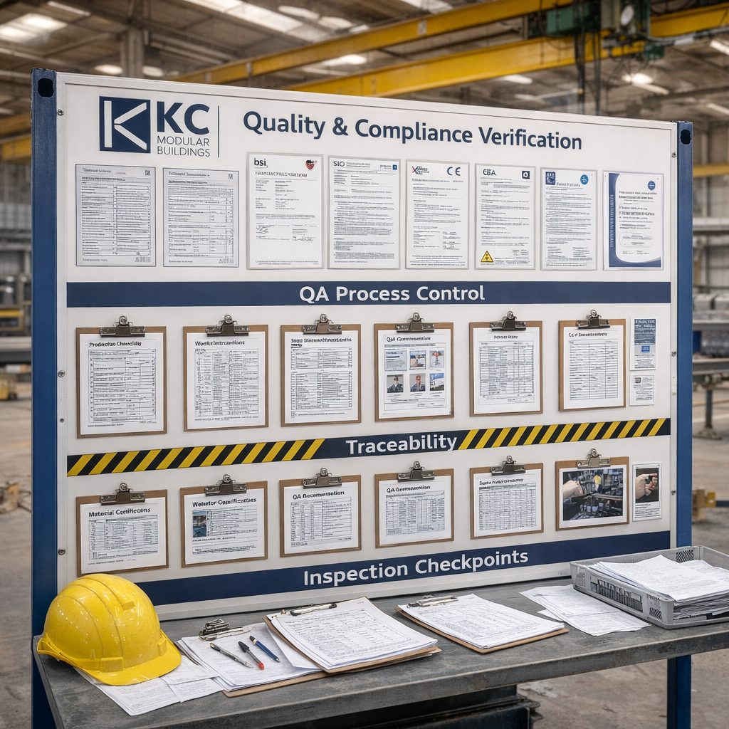 Factory quality assurance and compliance documentation supporting KC Modular Buildings manufacturing governance and finance procurement
