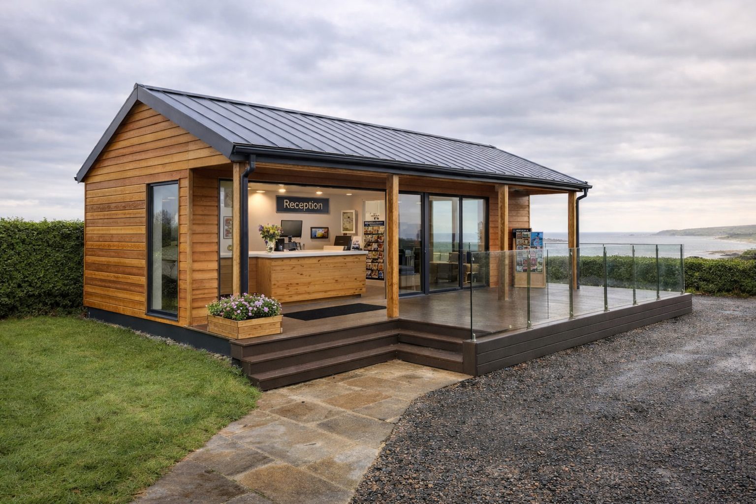 LARK visitor and reception lodge installed at a Cornwall holiday park — bespoke commercial lodge with full-height glazing, designed and manufactured by KC Modular Buildings UK