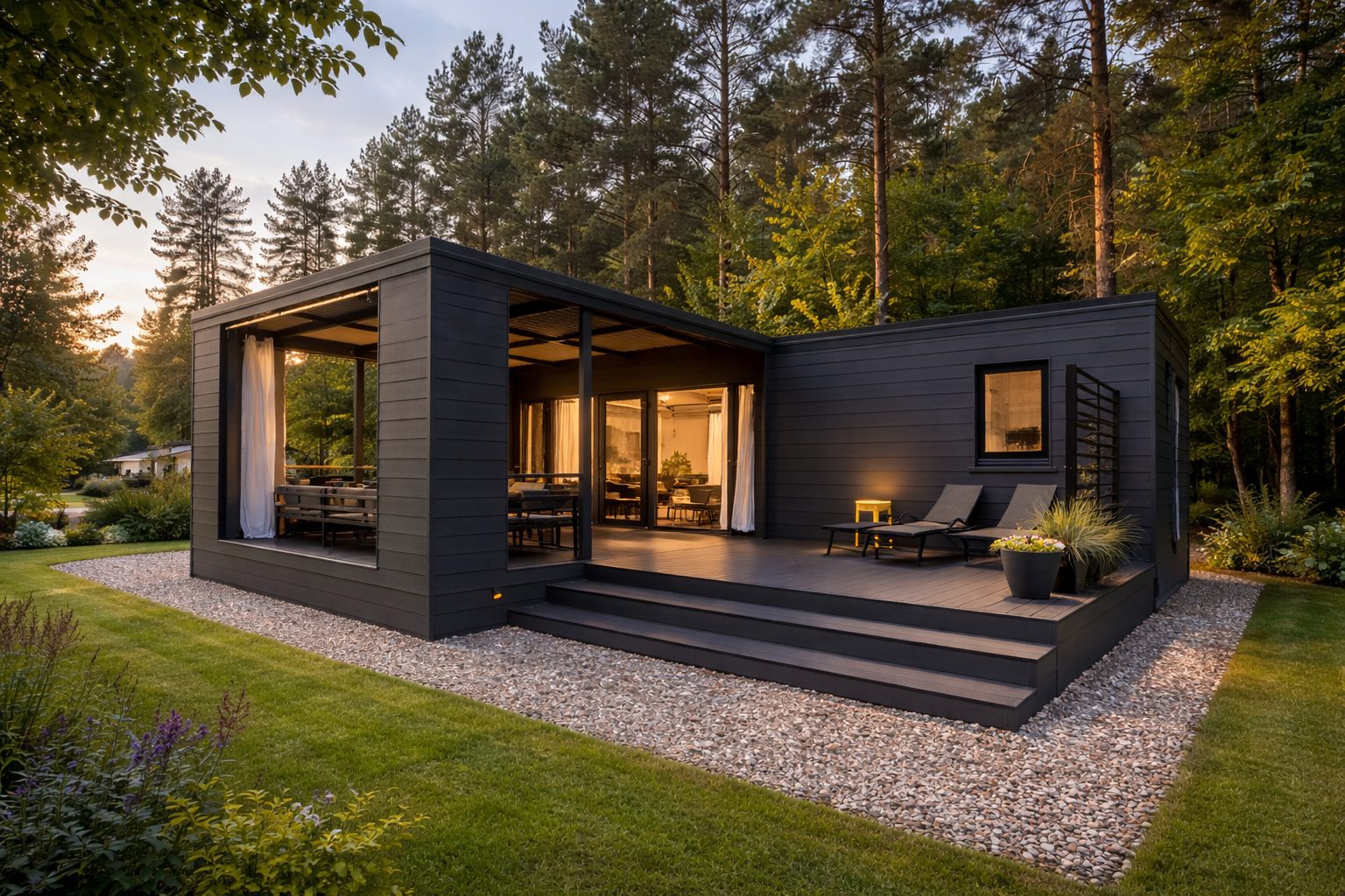 Luxury modular lodge with timber cladding, floor-to-ceiling windows and composite decking in UK setting