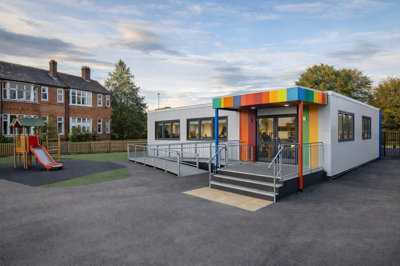 Modular classroom building UK — prefabricated education building with accessible ramp at school