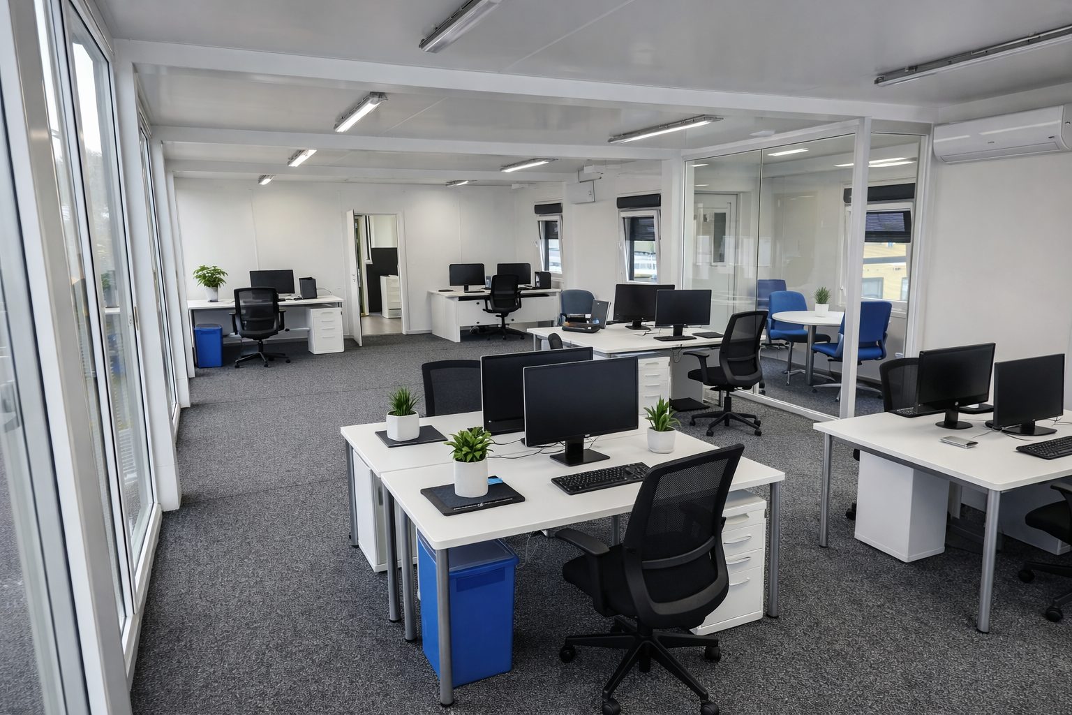Modular office interior UK — modern open-plan workspace with LED lighting and glass partitions