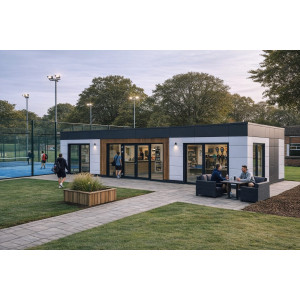 Modular padel club building next to outdoor padel courts in the UK, featuring anthracite and white composite panels, aluminium glazing and timber accents, used as a clubhouse and reception facility