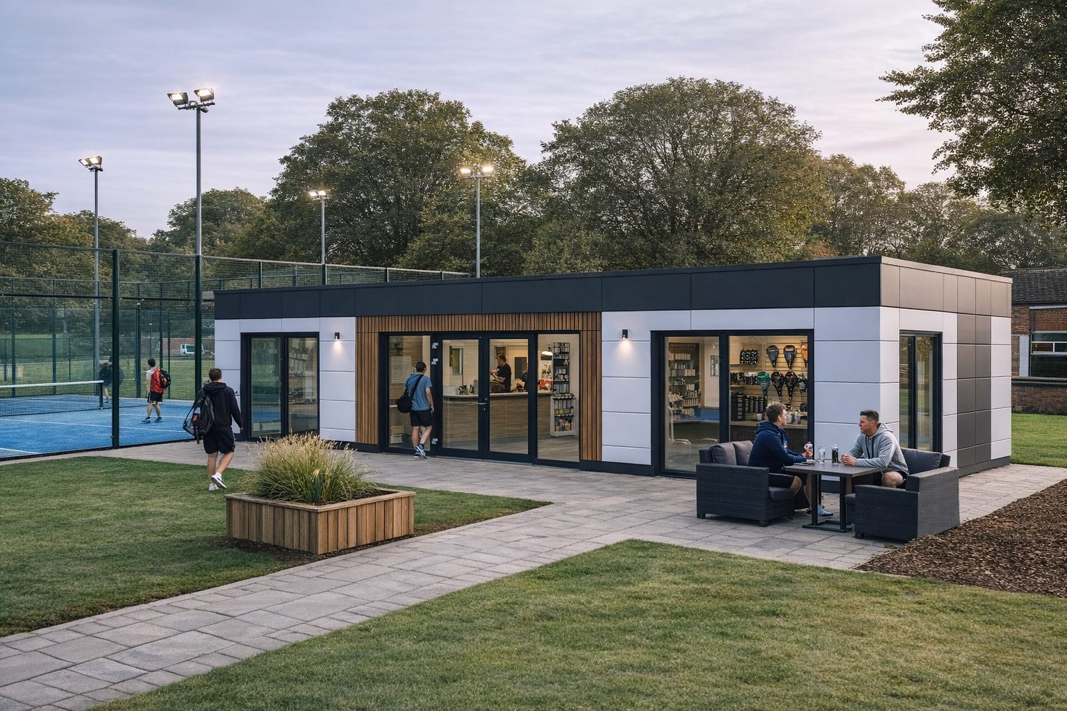 Modern sports clubhouse building beside outdoor courts with glazing, terrace edge and customer-facing reception in the UK
