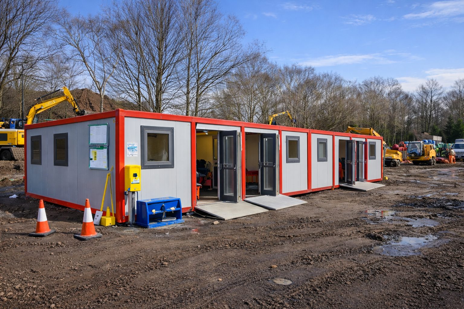 Modular welfare unit on UK construction site with canteen, drying room and toilet facilities