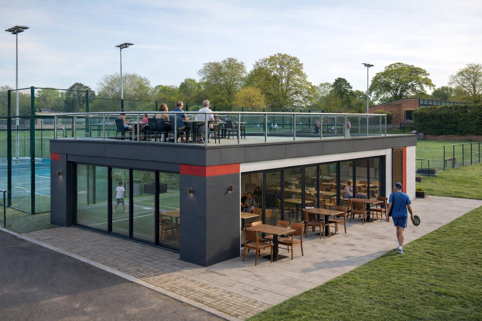 Modular padel club café building with rooftop terrace overlooking courts at UK padel facility