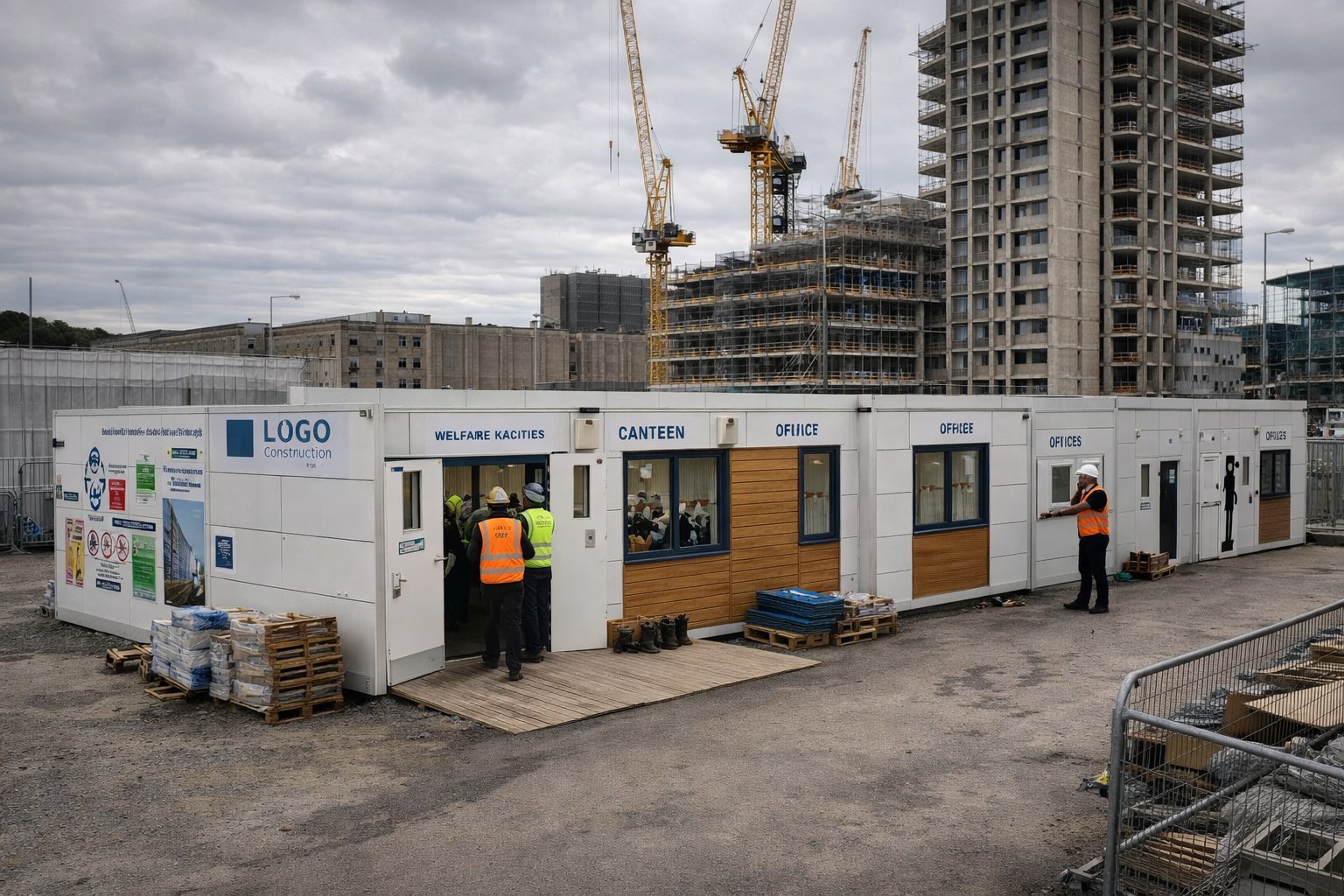 Modular office building supporting construction project in Birmingham city centre, West Midlands.