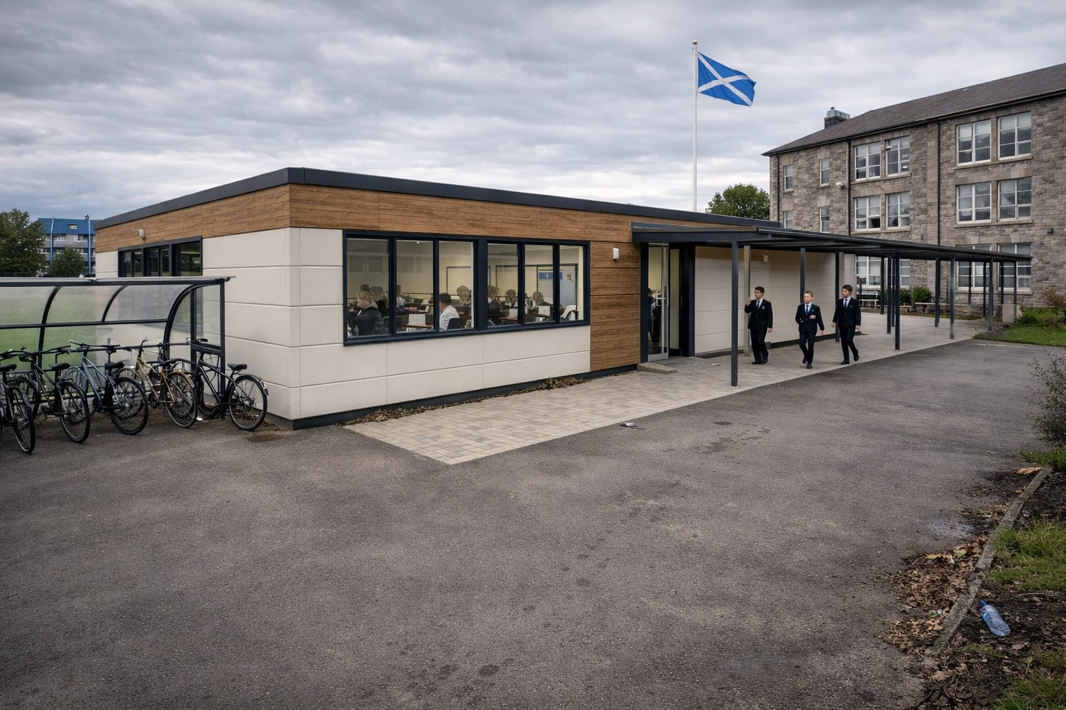 Luxury lodge modular classroom at outdoor learning centre in Aberdeen, timber teaching building in educational setting