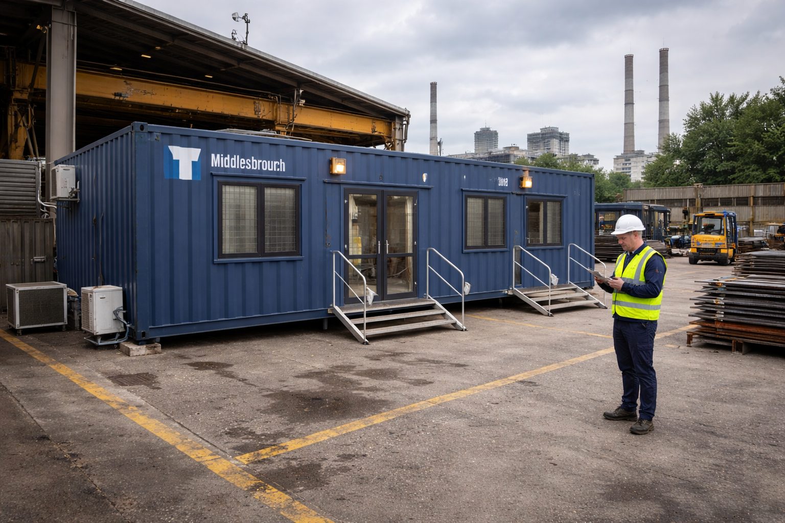Container office at Middlesbrough manufacturing facility - yard office with anti-vandal specification and CCTV integration