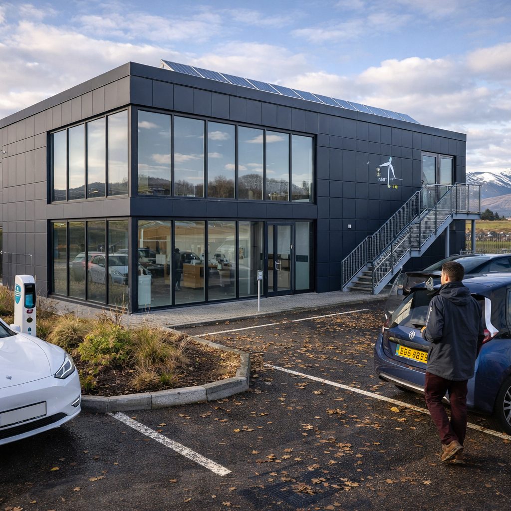 Large ISO frame permanent modular office building 80ft x 40ft — Inverness commercial headquarters, composite panel facade, 288m²
