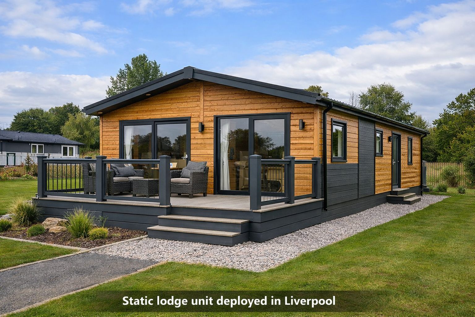 Timber modular lodge with composite cladding in Liverpool, Merseyside