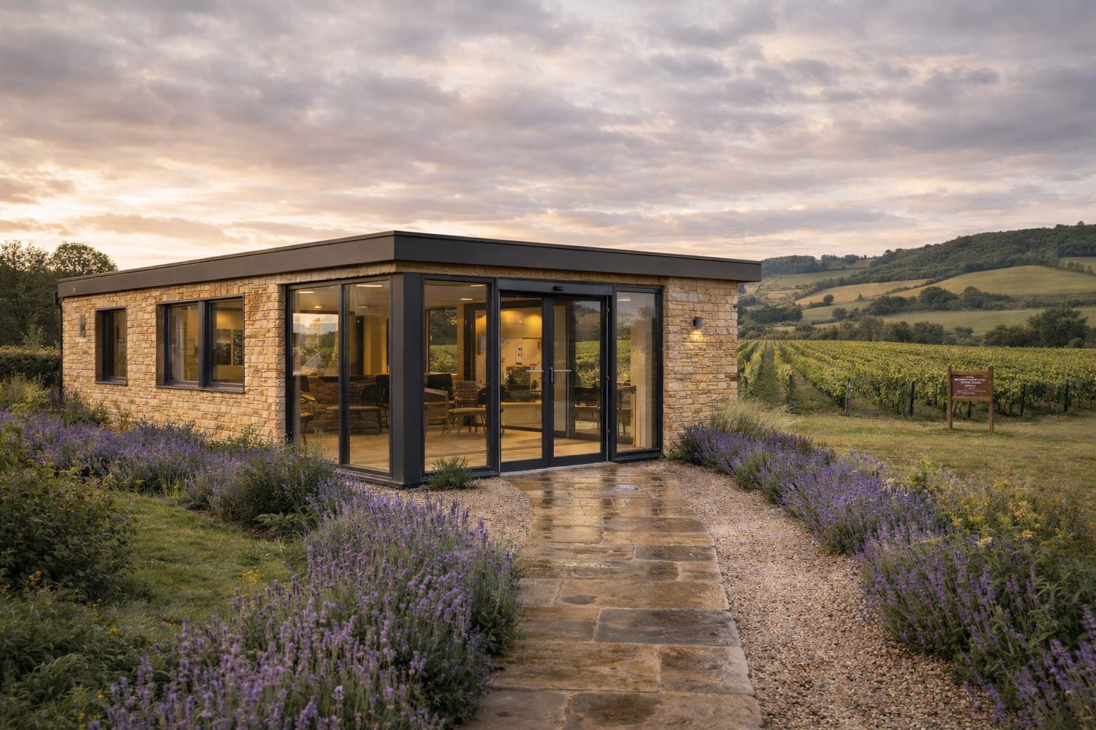 Visitor centre lodge at a Cotswolds vineyard — bespoke luxury lodge designed and installed by KC Modular Buildings UK