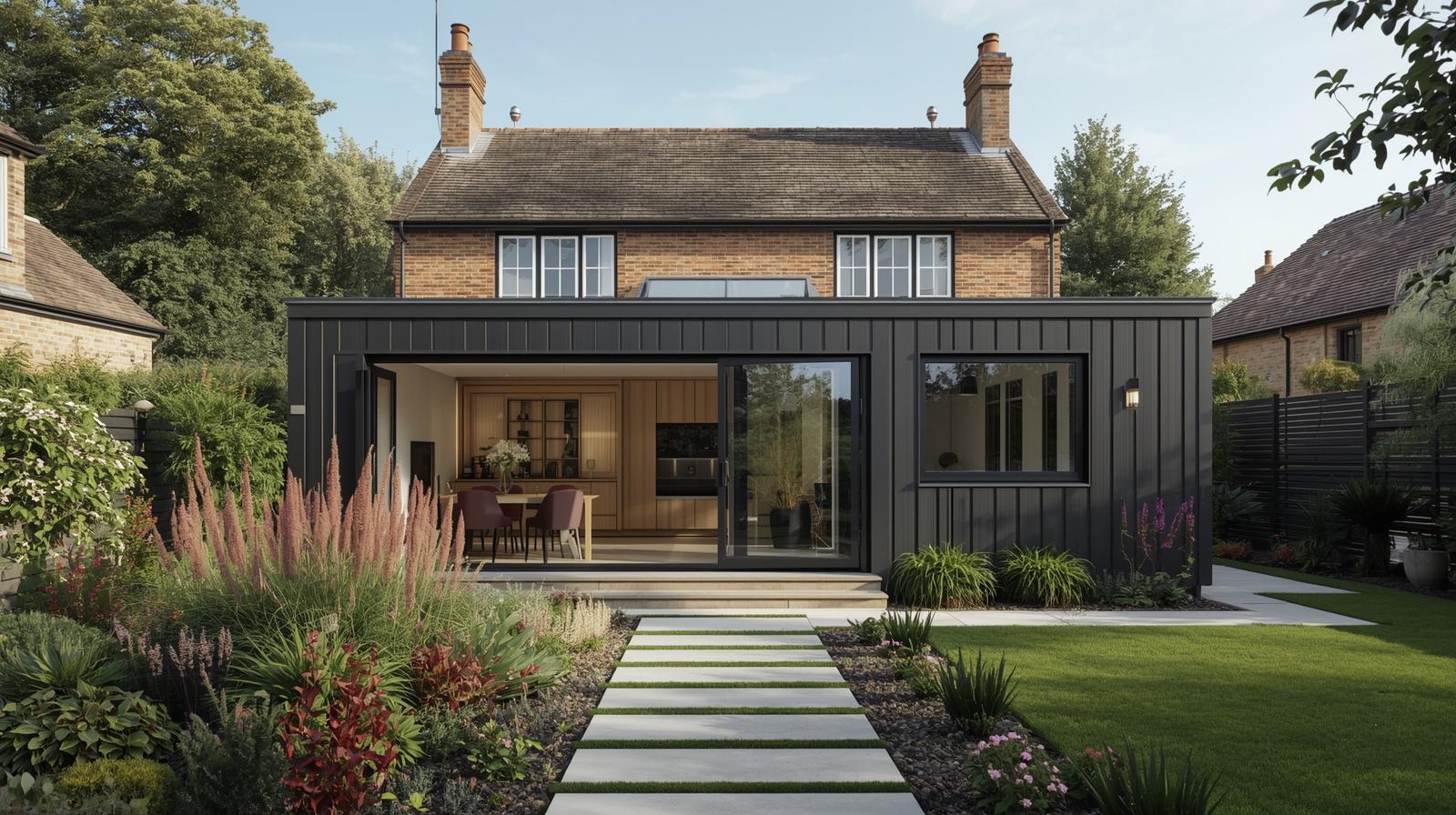 Modular garden room adding value to UK property, attractive exterior design with well-maintained garden, real estate photography style by KC Modular Buildings