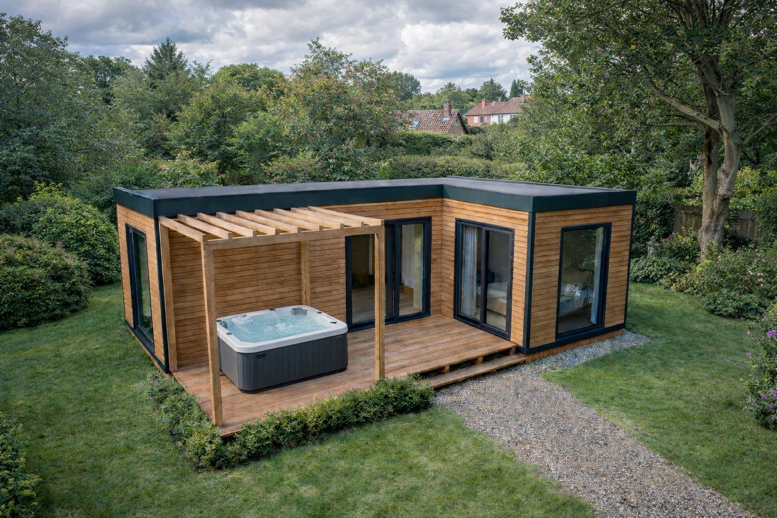 Luxury modular garden room with composite slat cladding and hot tub — Staffordshire residential project by KC Modular Buildings