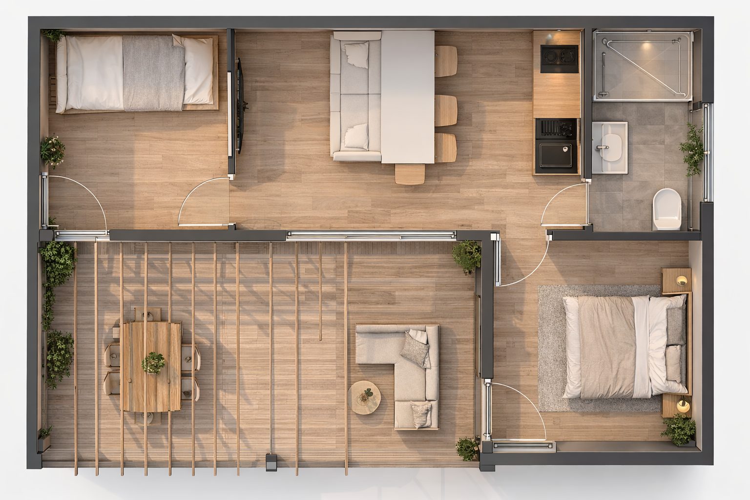 Luxury modular garden room with composite slat cladding and integrated pergola, delivered by KC Modular Buildings UK
