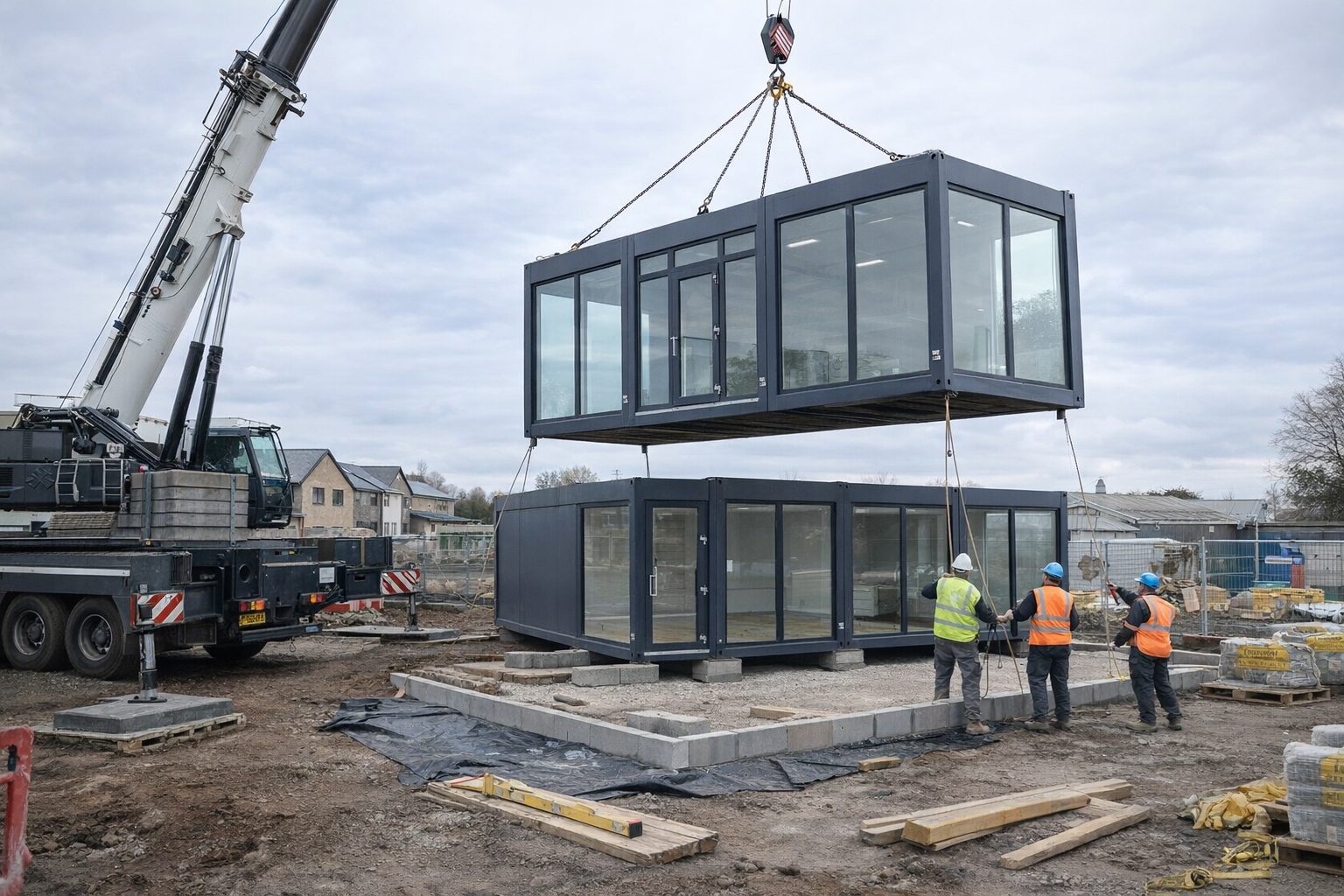 Modular office building installation cranage ISO system Nottingham Nottinghamshire UK