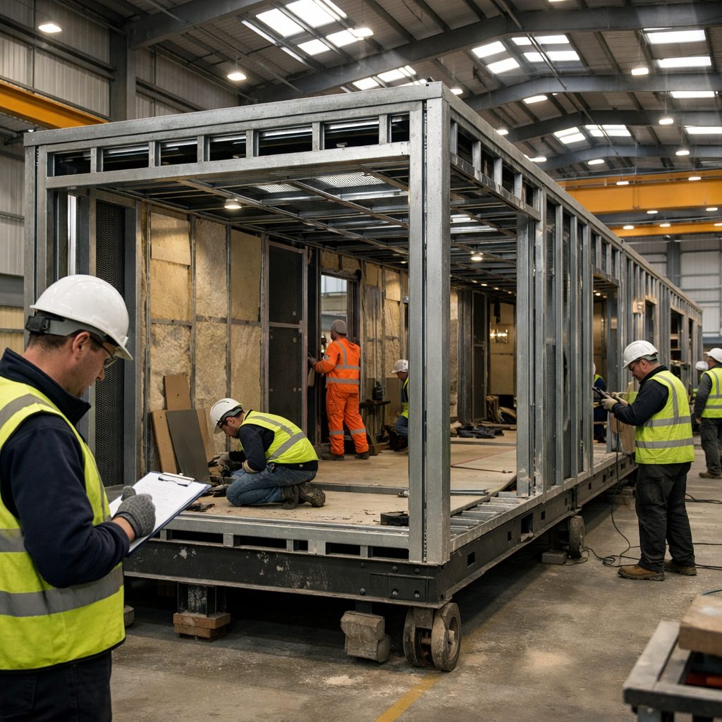 Steel-frame modular building factory production in the UK