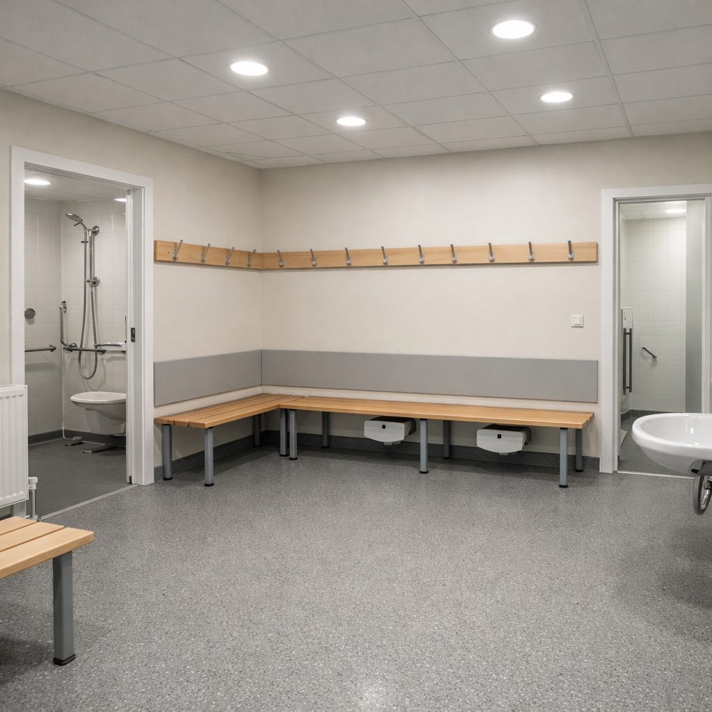 Modular sports changing rooms interior for UK clubs.