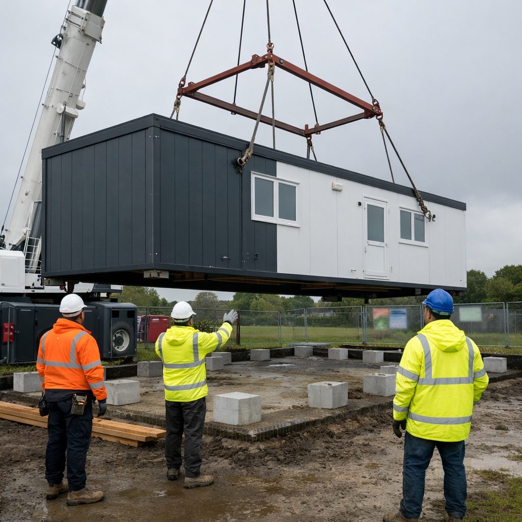 Crane installation of a modular sports pavilion on site