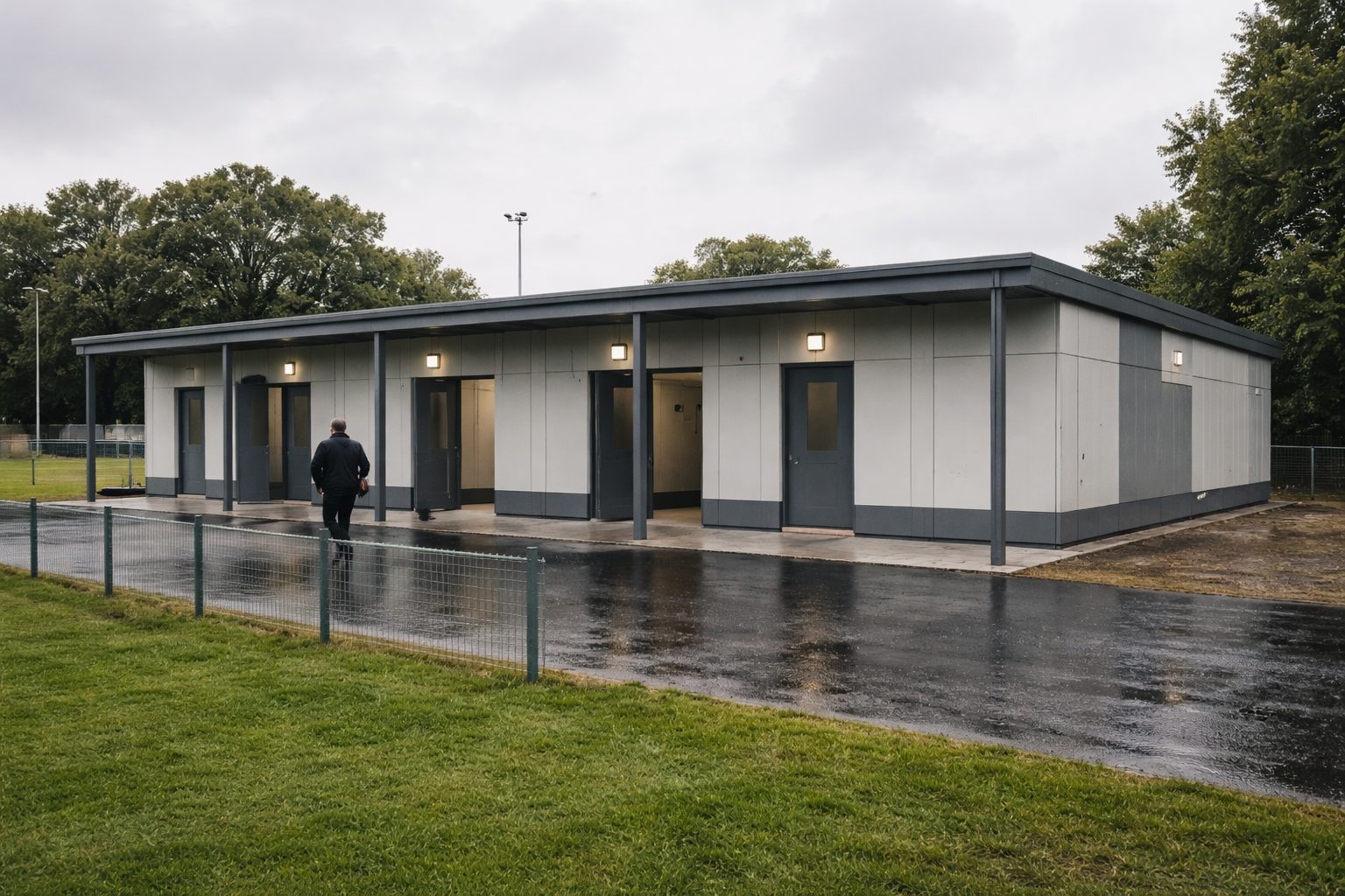 UK modular sports changing pavilion exterior with team and visitor access at an active venue
