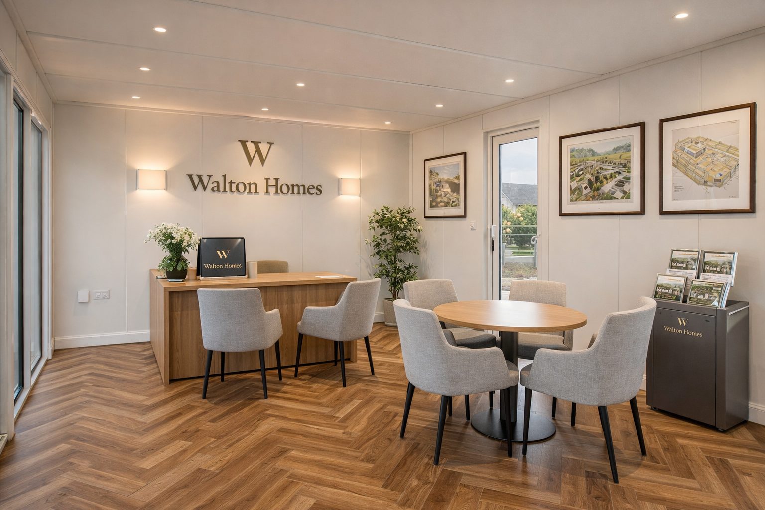 Interior of Walton Homes site sales office with wood-effect flooring, wall heater and clean modular office finish