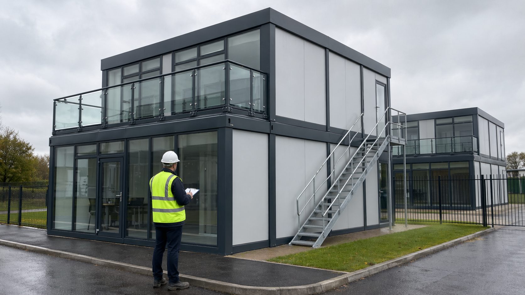 Modular building compliance UK — KC Modular Buildings two-storey modular structure with quality inspector on UK commercial site