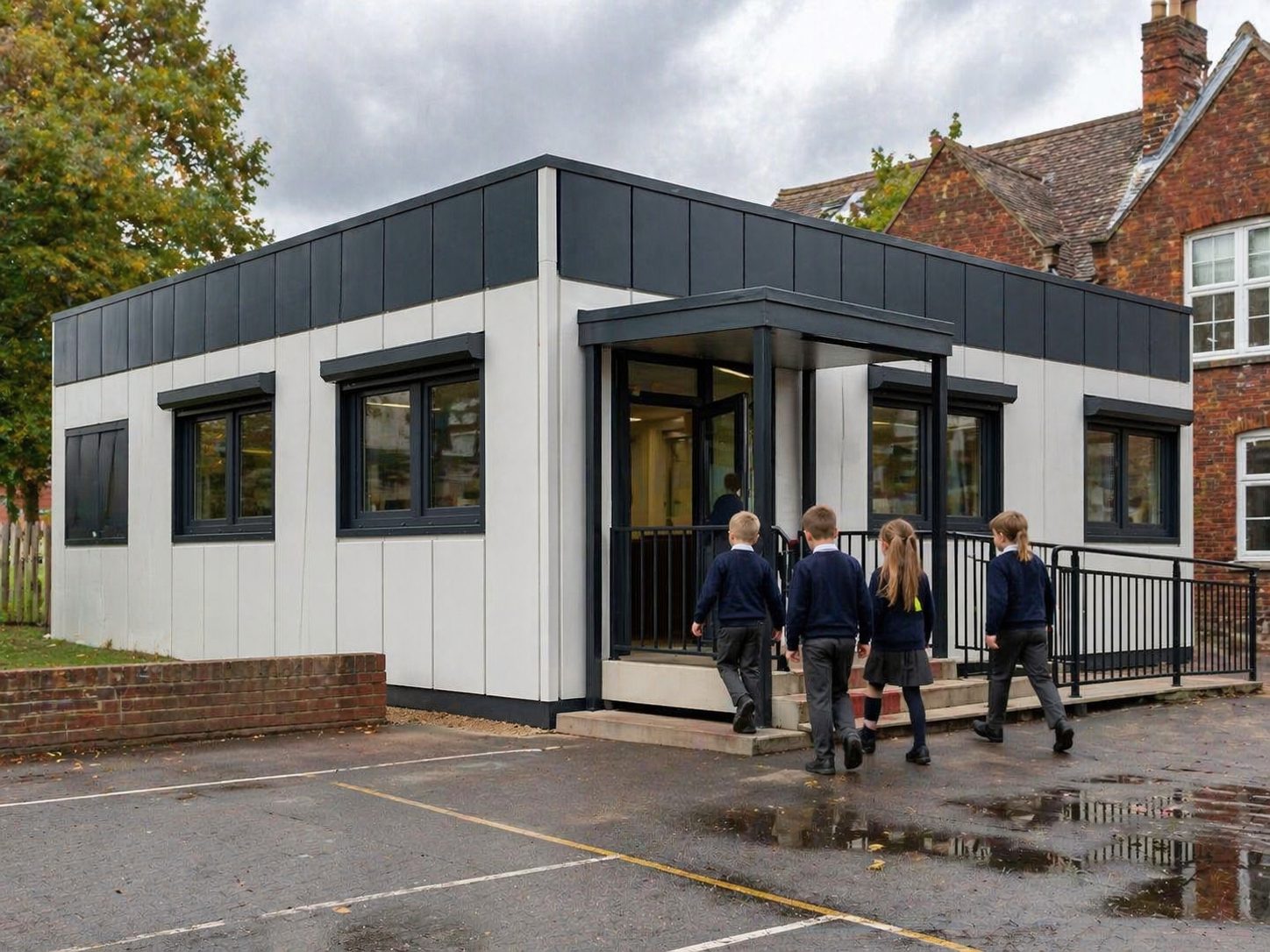 Modular classroom building on UK primary school site — BB93 acoustic and BB101 ventilation compliant modular school building by KC Modular Buildings