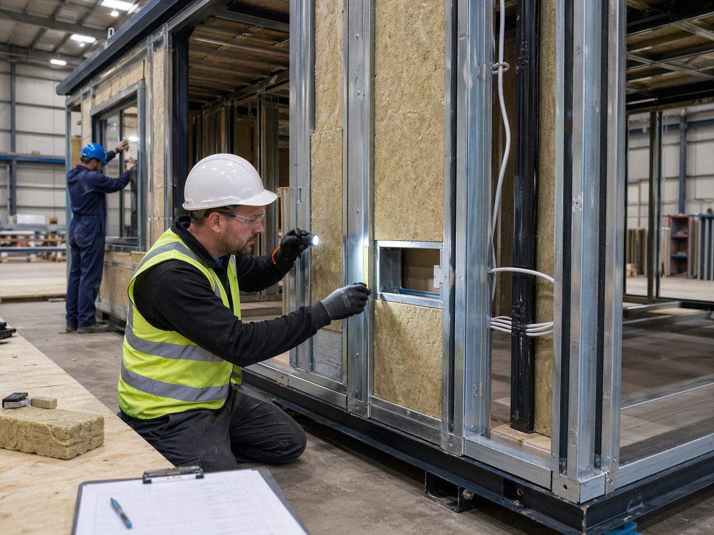 Modular building factory quality control inspection UK — fire stopping and compliance checks during manufacture at KC Modular Buildings