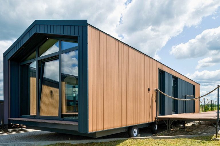 Modern static caravan alternative with architectural glazing and luxury interior