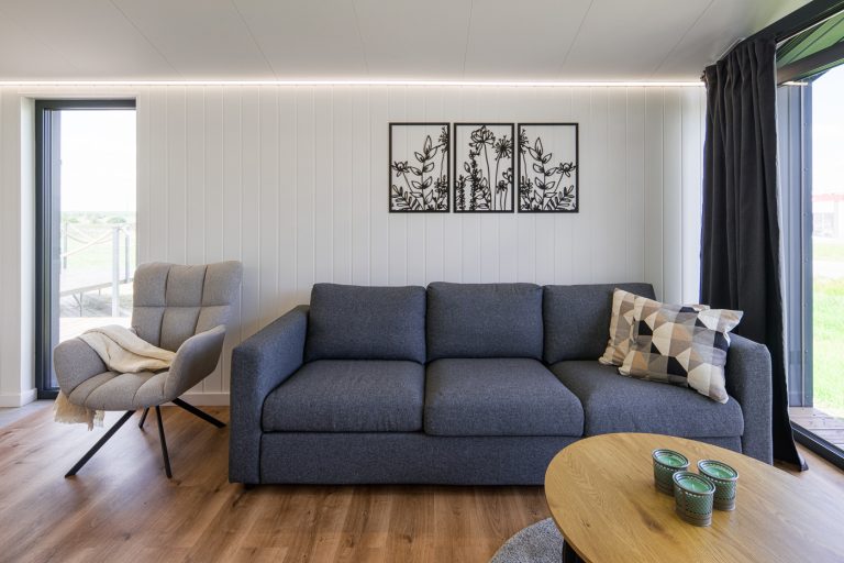 Holiday lodge interior with fitted furniture and high-end modular living specification