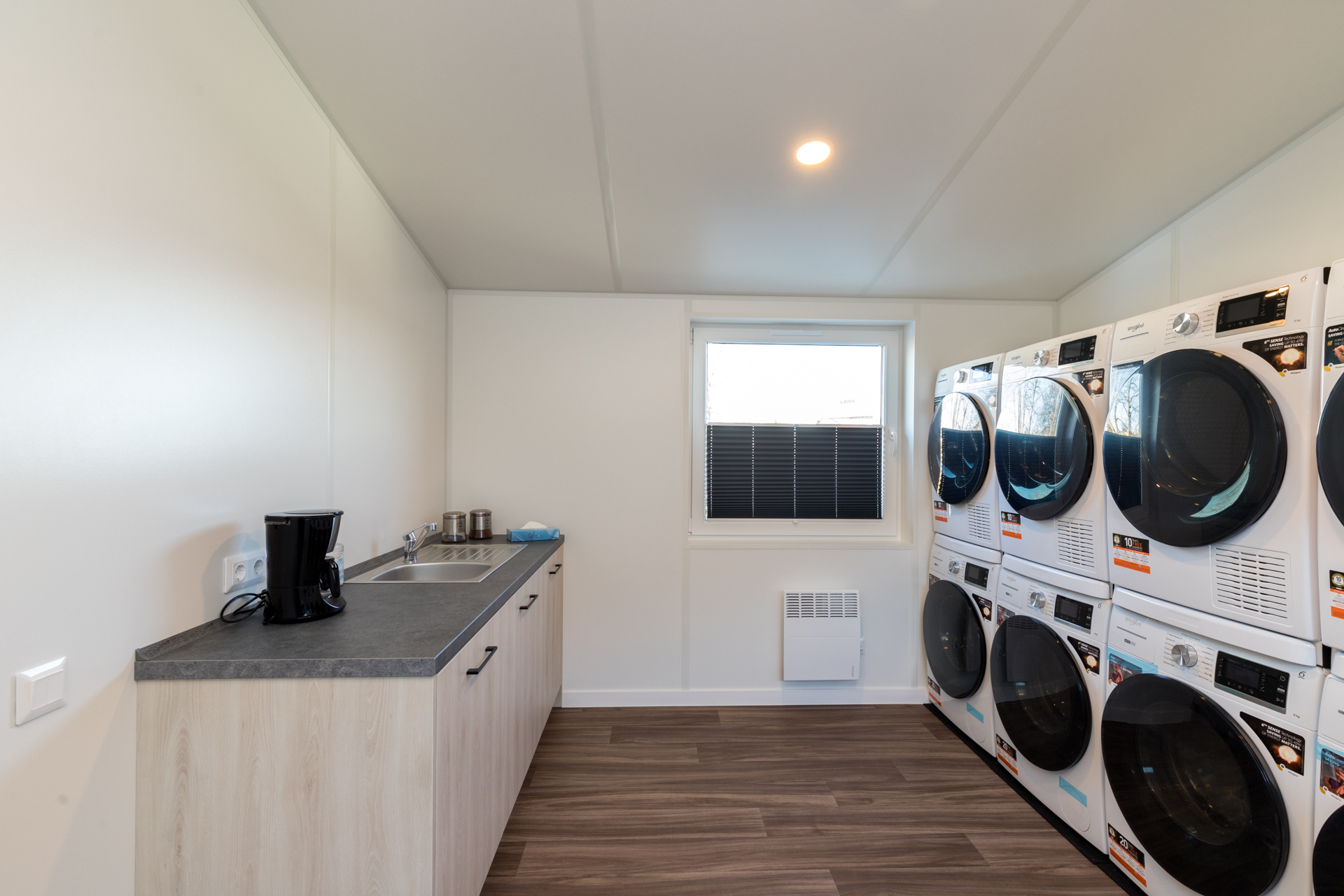 Modular washroom cabin internal finish with LED lighting and privacy blinds