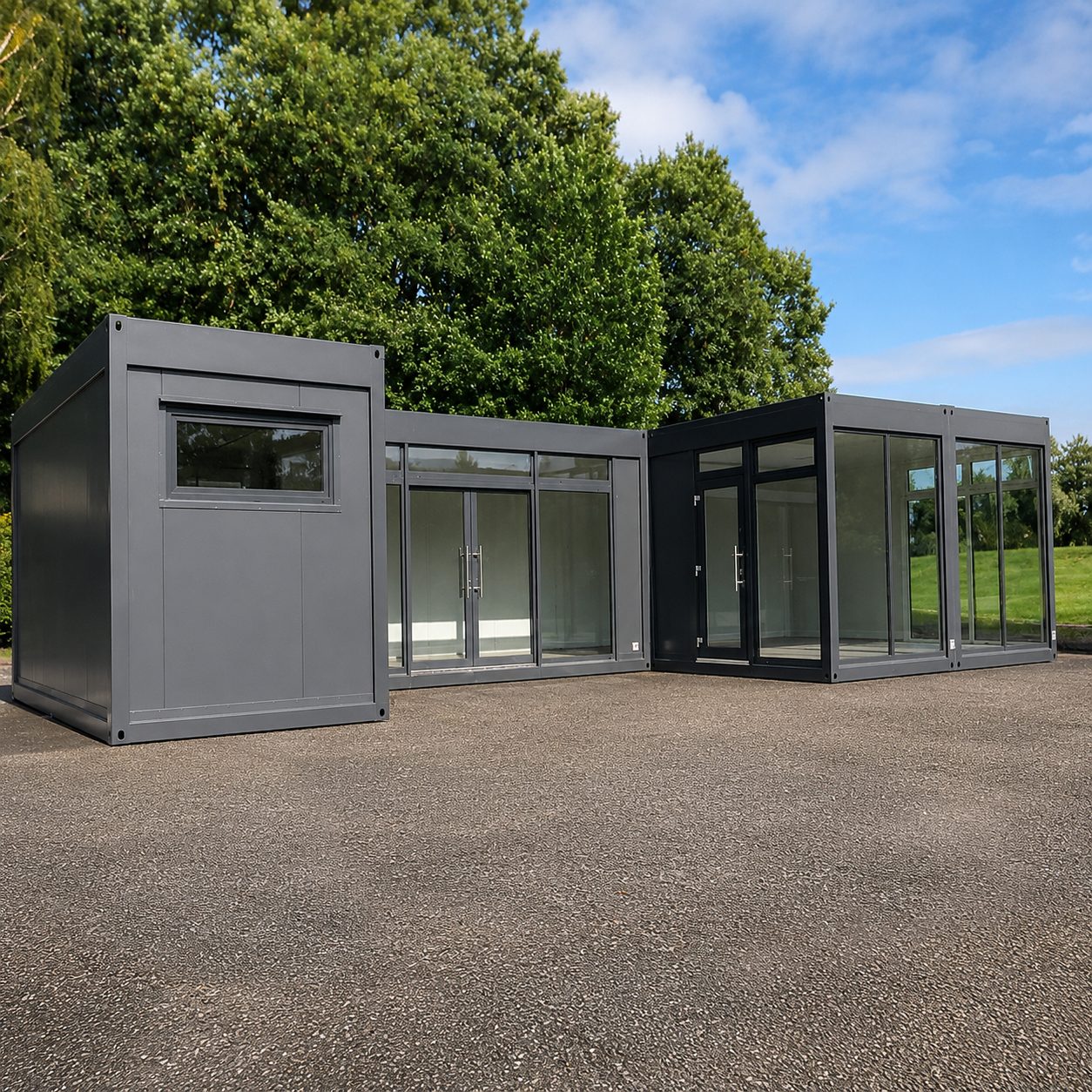 Modern ISO Frame modular building with cladding and glazed openings
