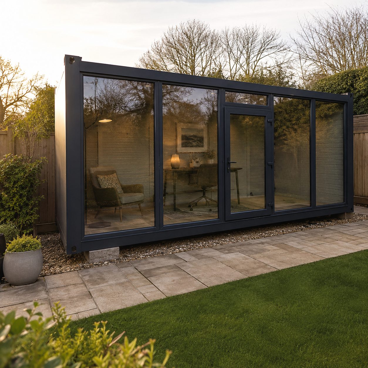 Insulated garden office with grey external finish patio seating and large glazed doors