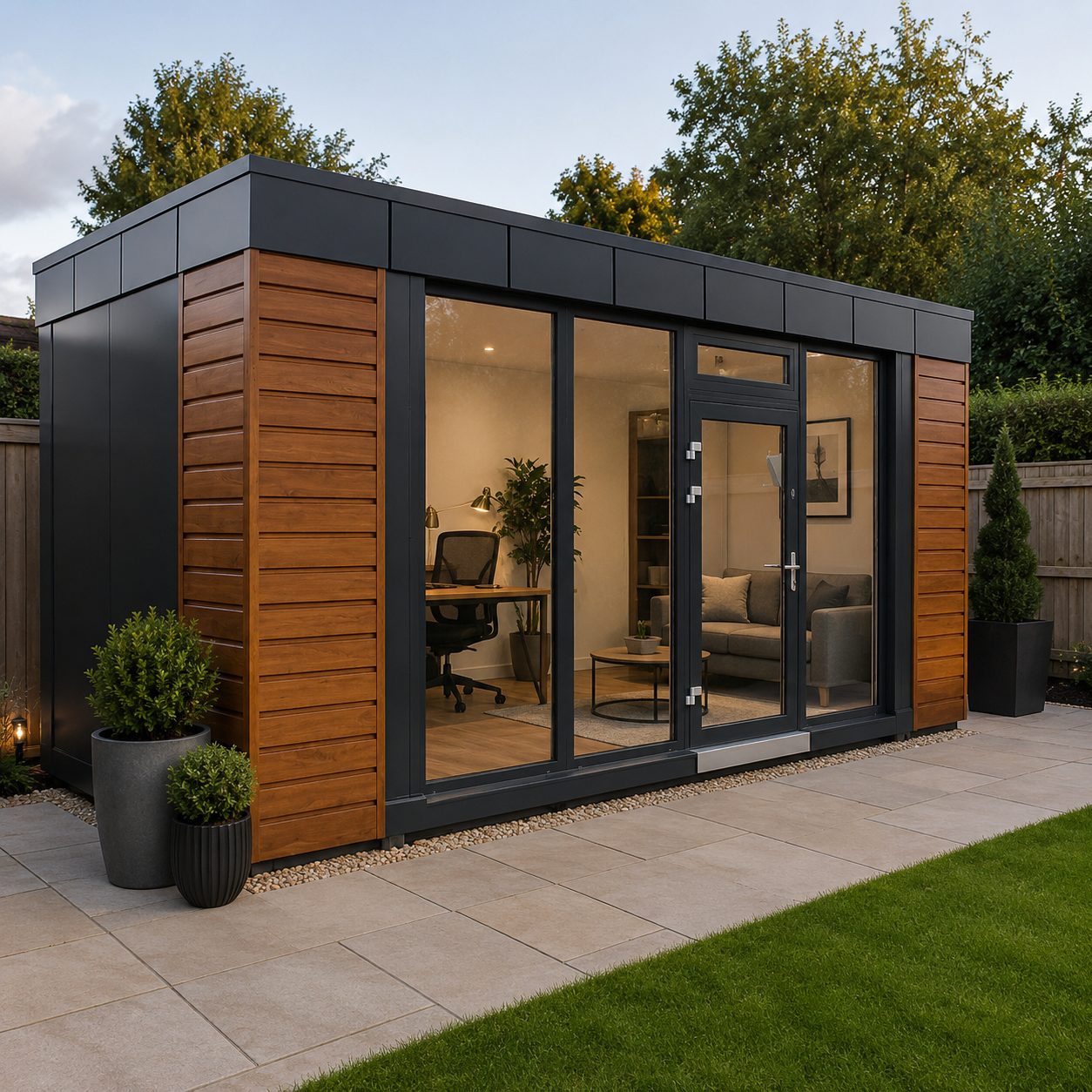 Premium garden retreat with modern modular construction patio seating and lawn