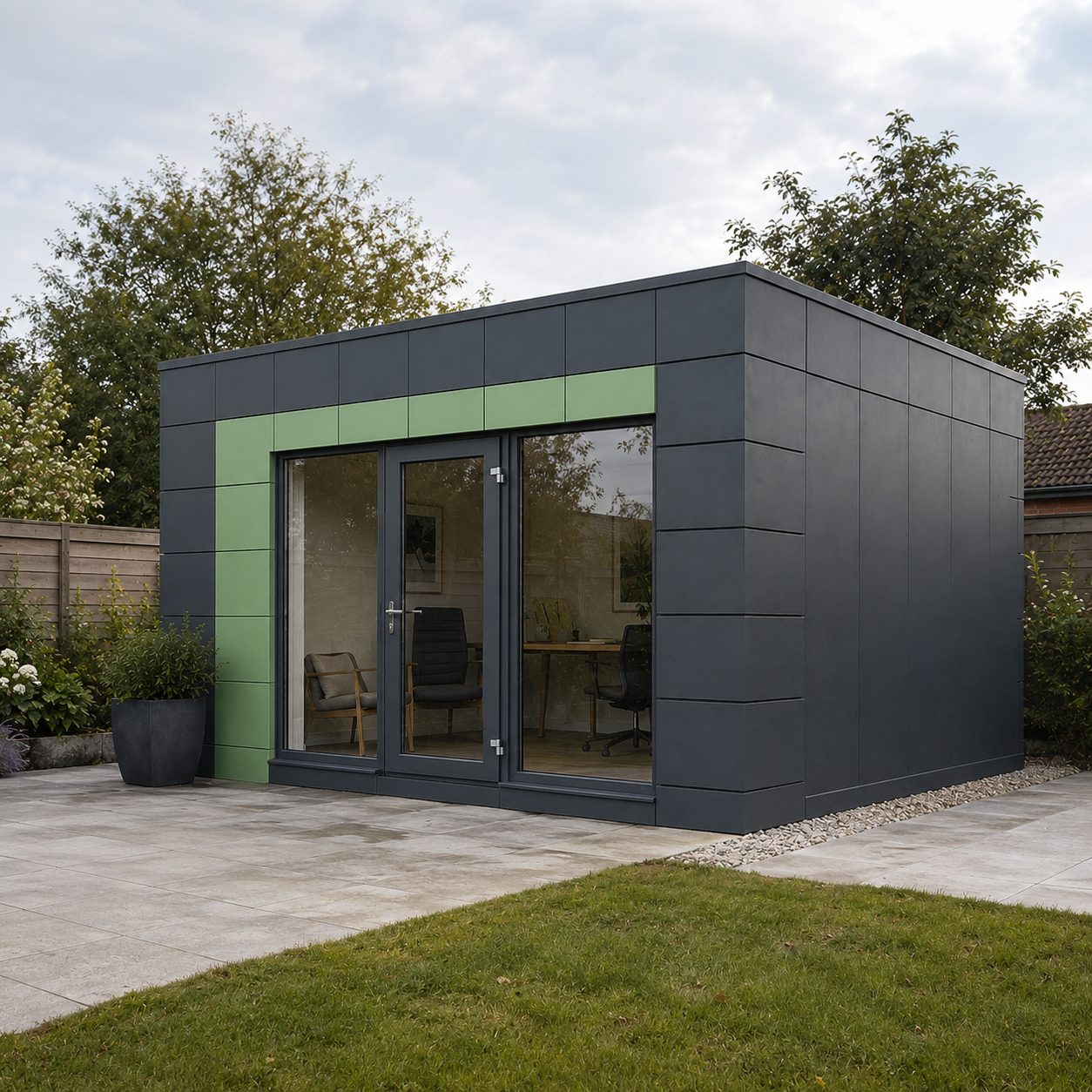 Modern insulated garden room with grey cladding glazed doors and lawn setting