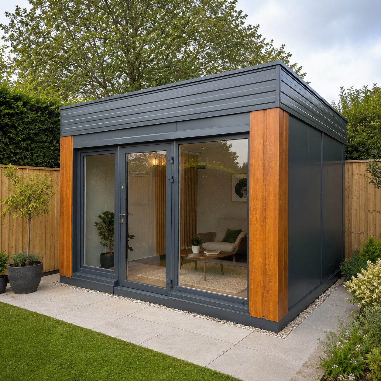 Insulated garden room with landscaped lawn glazed frontage and patio seating