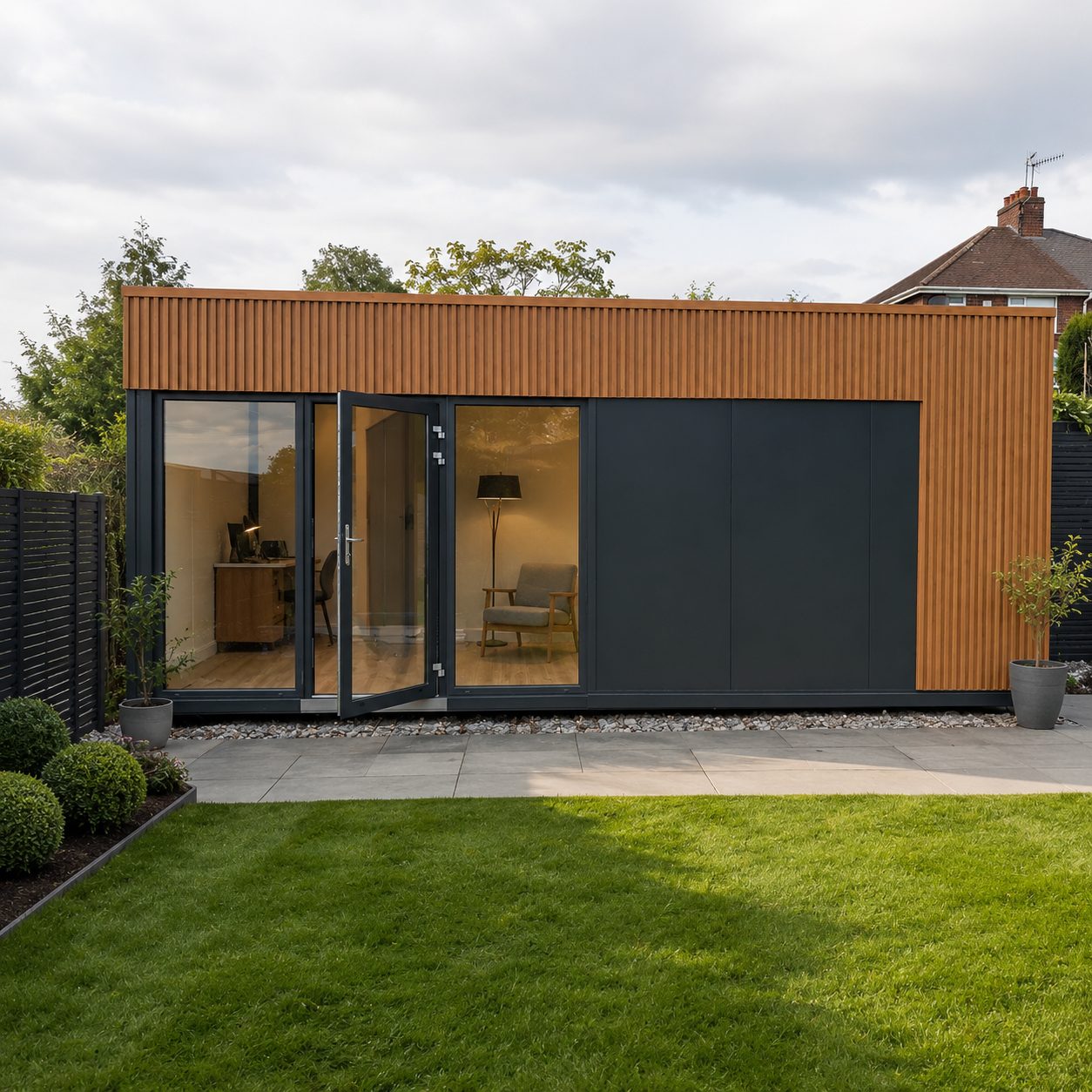 Contemporary insulated garden room UK with simple rectangular modular design