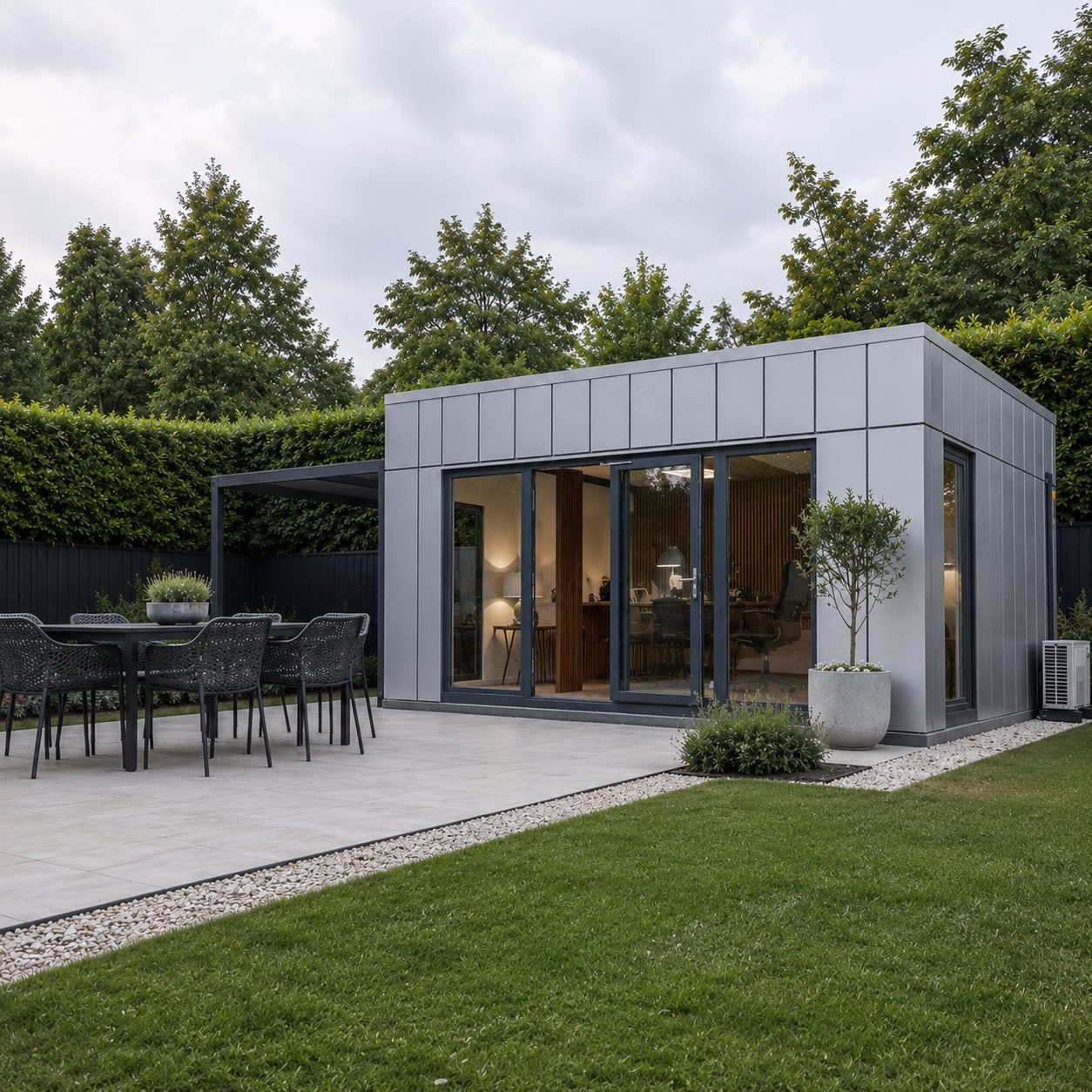 Insulated grey modular garden room with large glazed doors and landscaped UK garden