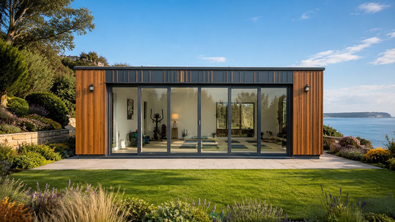 Garden gym and yoga studio in a modern modular garden room with calm interior wellness design
