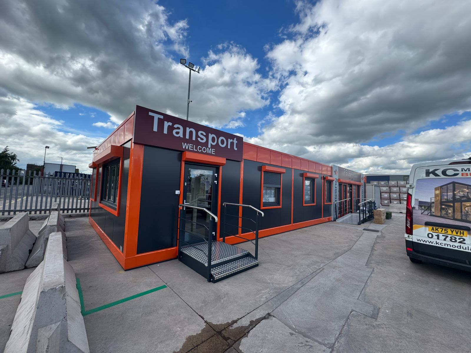 Commercial modular building exterior with modern steel-frame construction in Burton-on-Trent