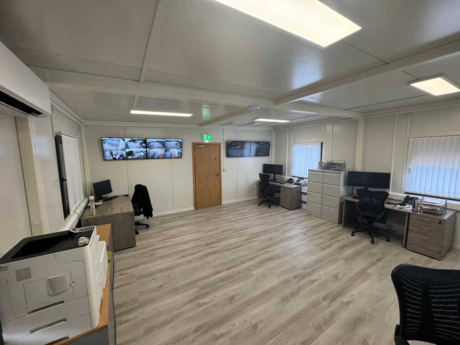 Completed steel-frame modular office building with modern external finish
